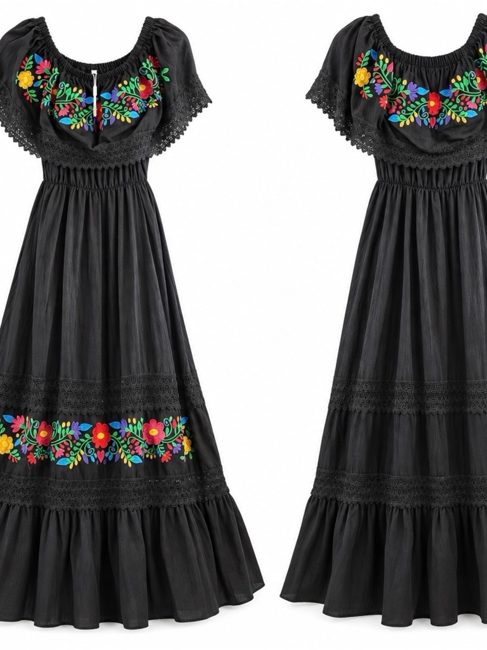 IKADEC Black Off-Shoulder Maxi with Colorful Floral Embroidery
